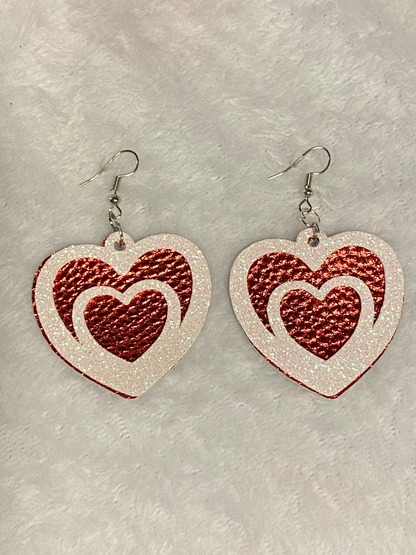 Red & White Glitter Faux Leather Heart Shaped Earrings