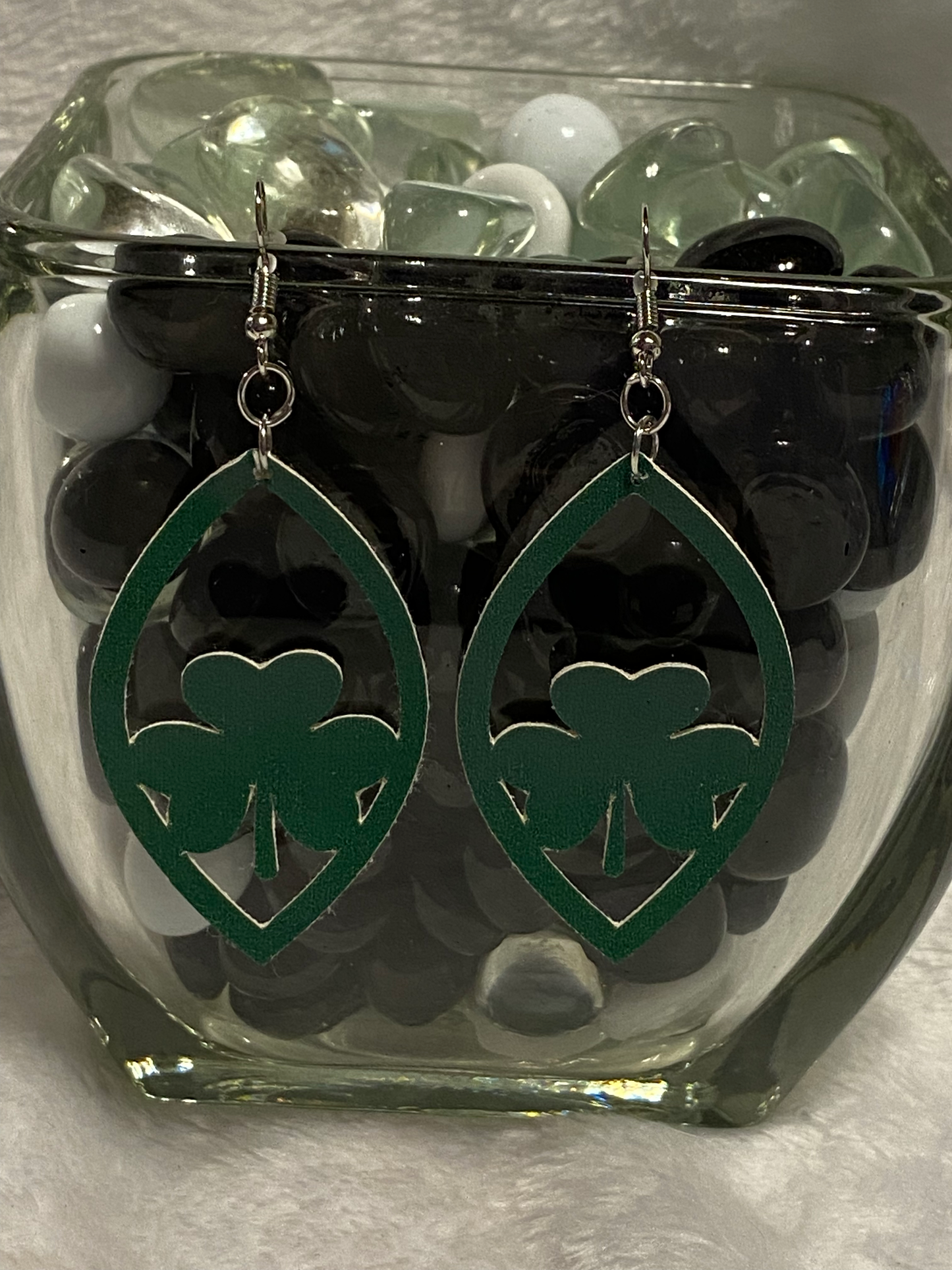 Green Faux Leather 3 Leaf Clover Teardrop Earrings- Plain