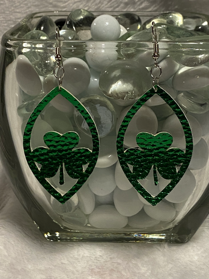 Green Faux Leather 3 Leaf Clover Teardrop Earrings