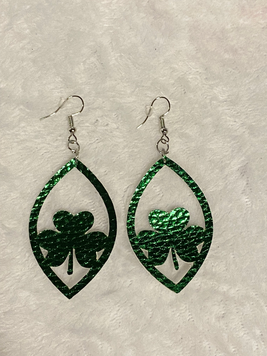 Green Faux Leather 3 Leaf Clover Teardrop Earrings