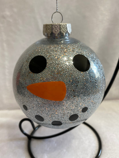 Silver Glitter Snowman Face Christmas Ornament