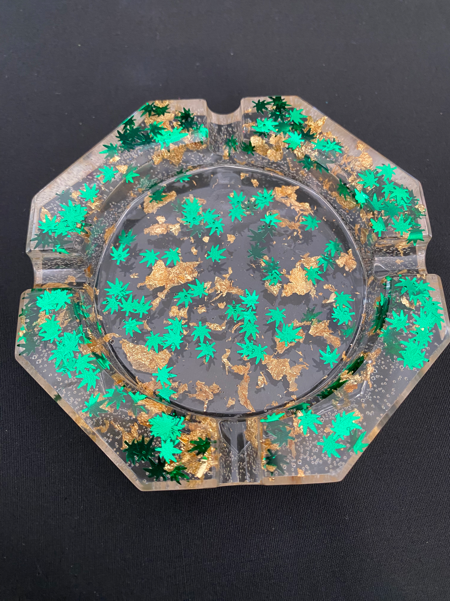 Gold & Green Ashtray w/ leaf glitter