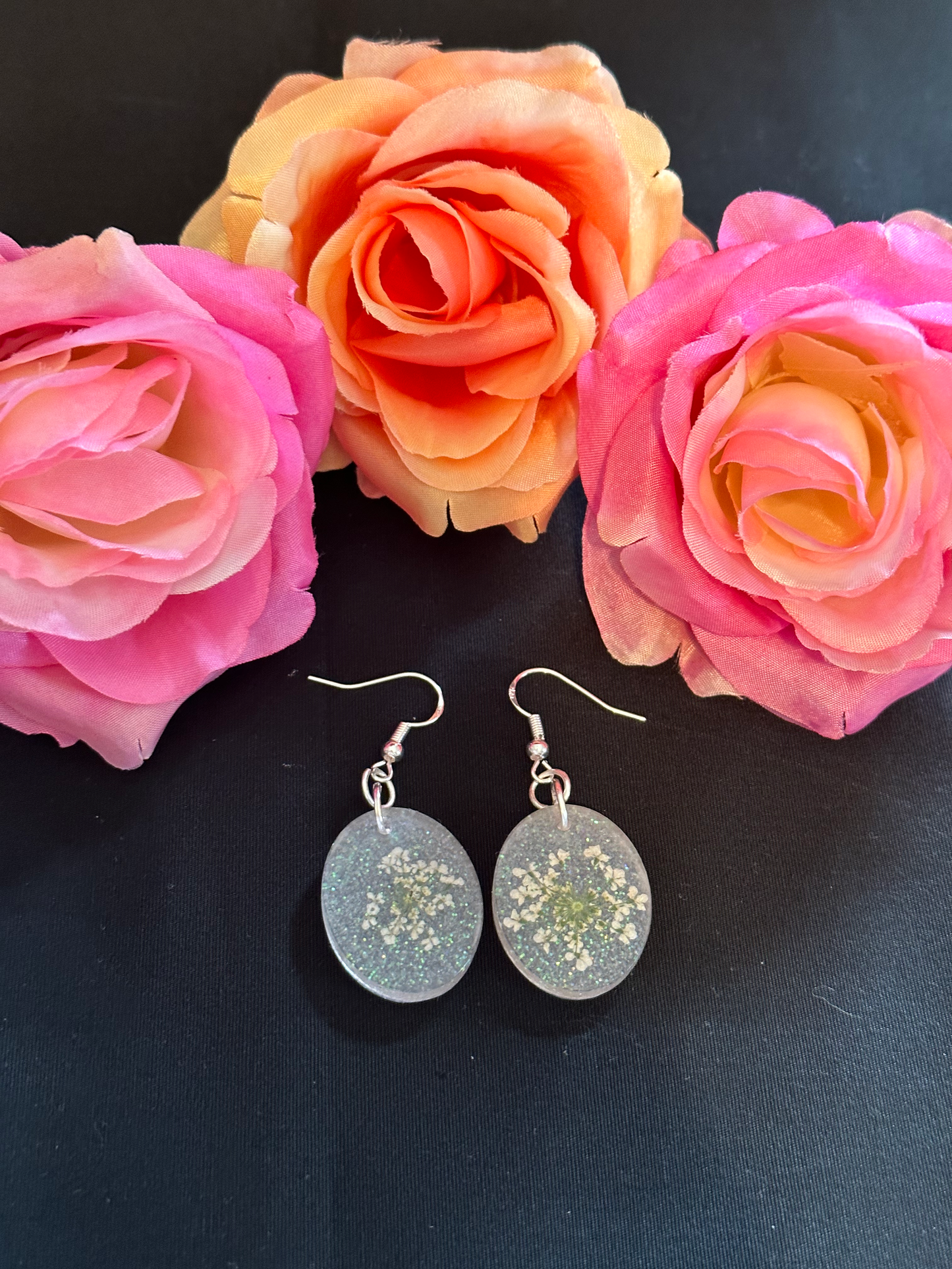 Glitter Mini Oval Flower Resin Earrings