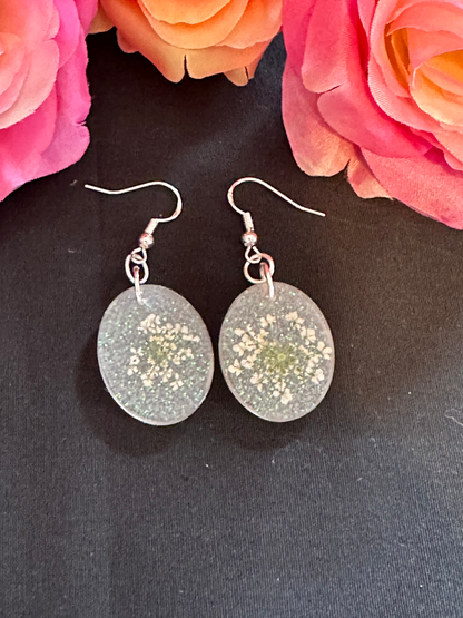 Glitter Mini Oval Flower Resin Earrings