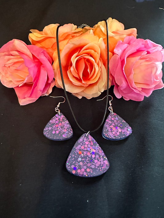 Purple Chunky Glitter Triangle Earring & Necklace Set