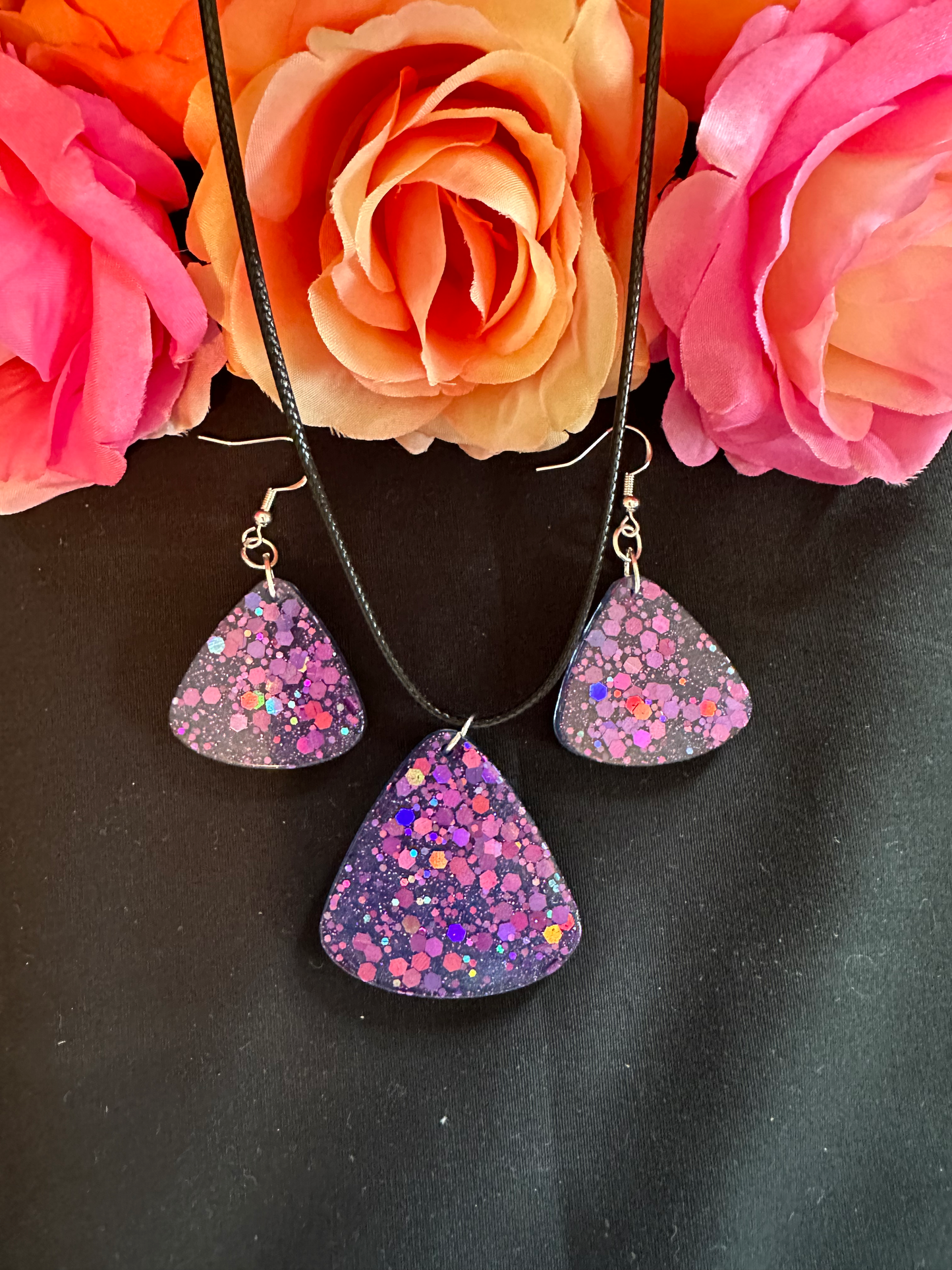 Purple Chunky Glitter Triangle Earring & Necklace Set