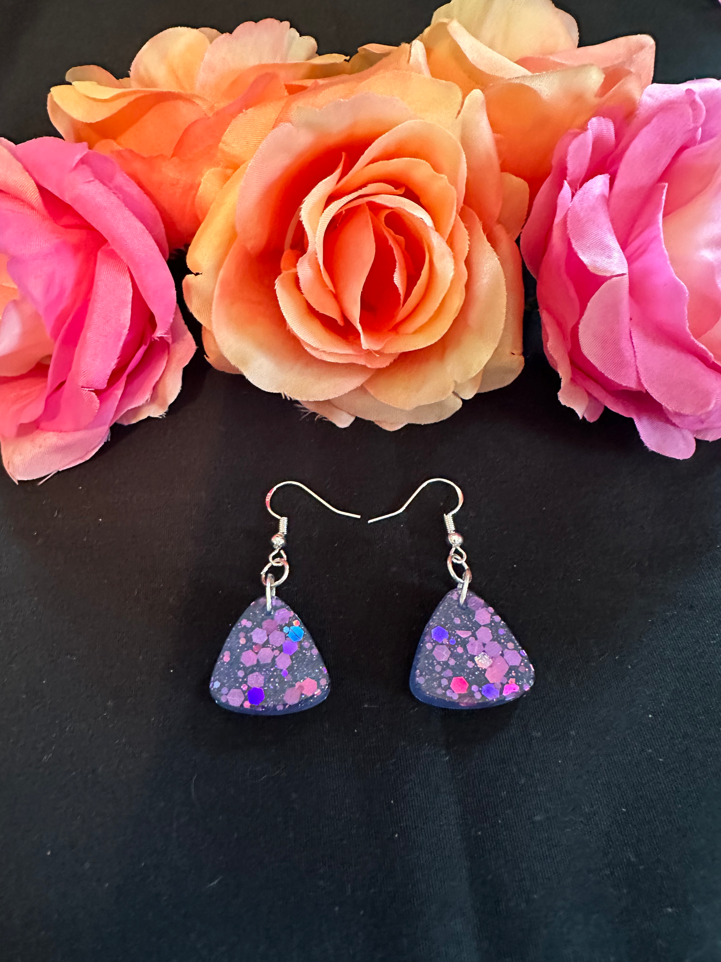 Small Triangle Blue with Purple Chunky Glitter Earrings