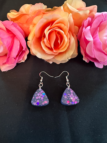Small Triangle Blue with Purple Chunky Glitter Earrings