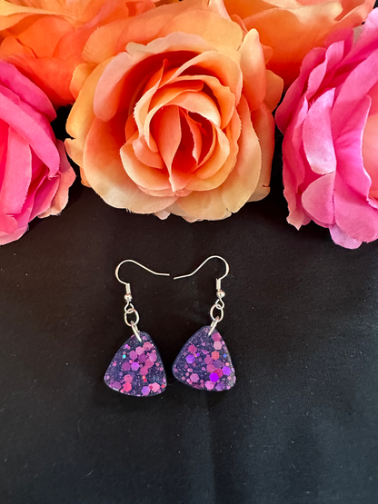 Small Triangle Blue with Purple Chunky Glitter Earrings