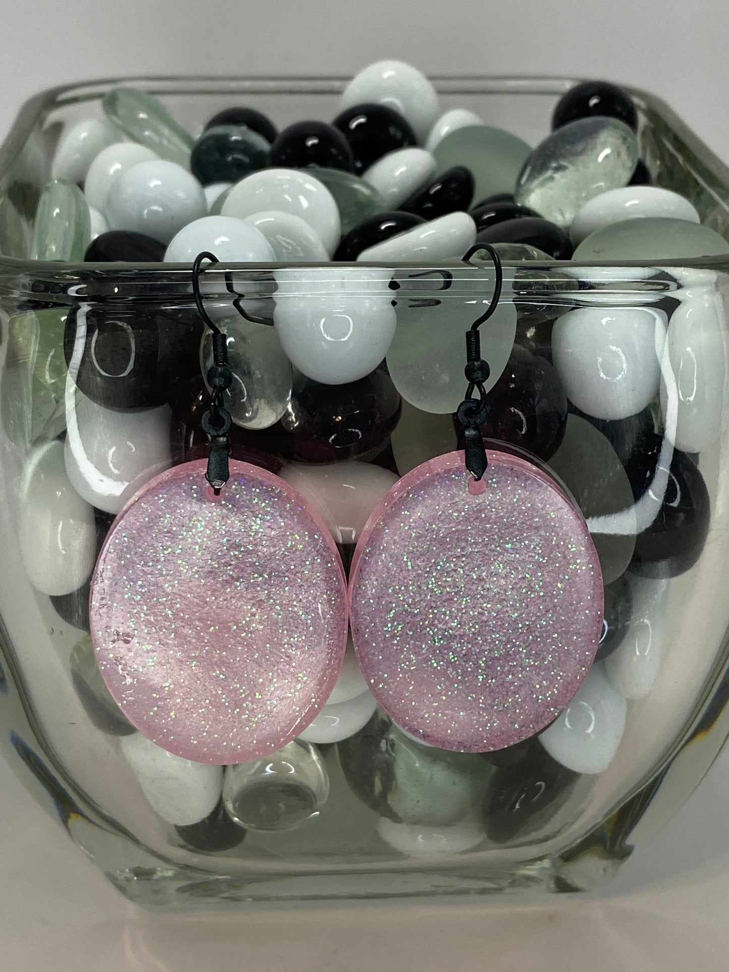 Pink with Glitter Earrings Large Oval