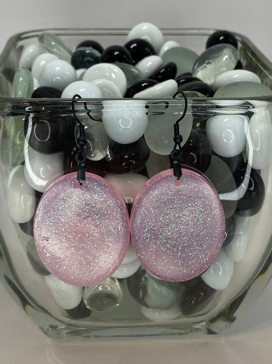 Pink with Glitter Earrings Large Oval