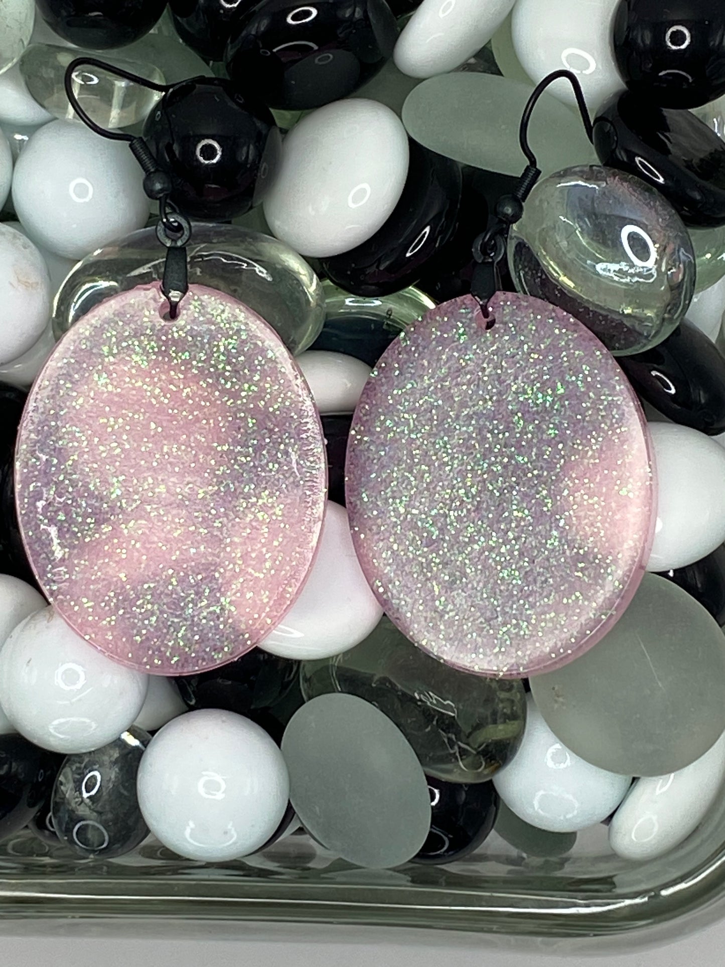 Pink with Glitter Earrings Large Oval