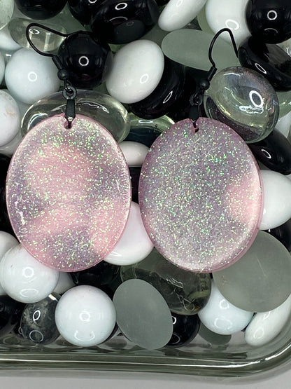 Pink with Glitter Earrings Large Oval