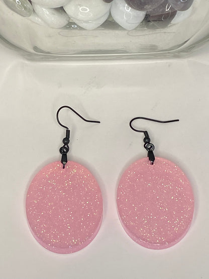 Pink with Glitter Earrings Large Oval