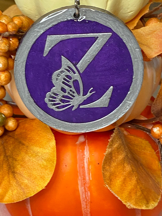Round Purple with Silver Letters & Symbols Keychains