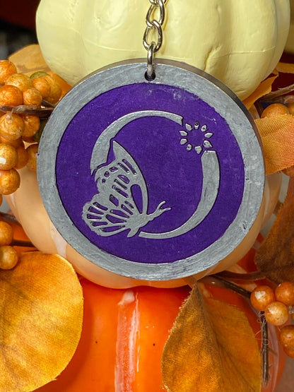Round Purple with Silver Letters & Symbols Keychains