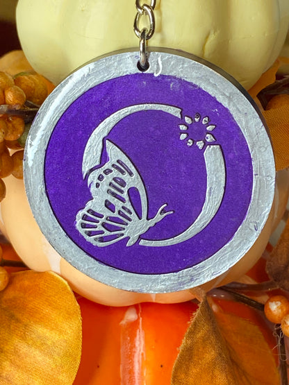 Round Purple with Silver Letters & Symbols Keychains