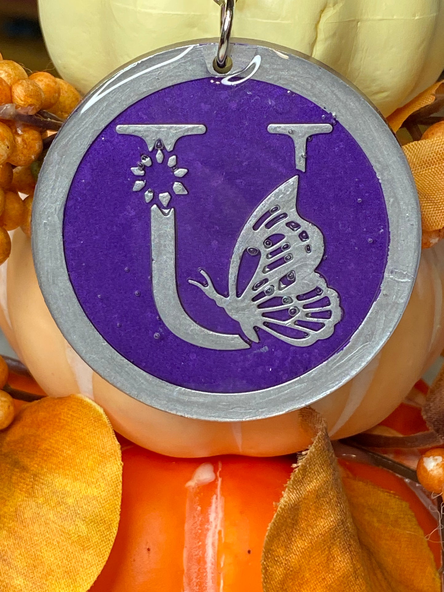 Round Purple with Silver Letters & Symbols Keychains