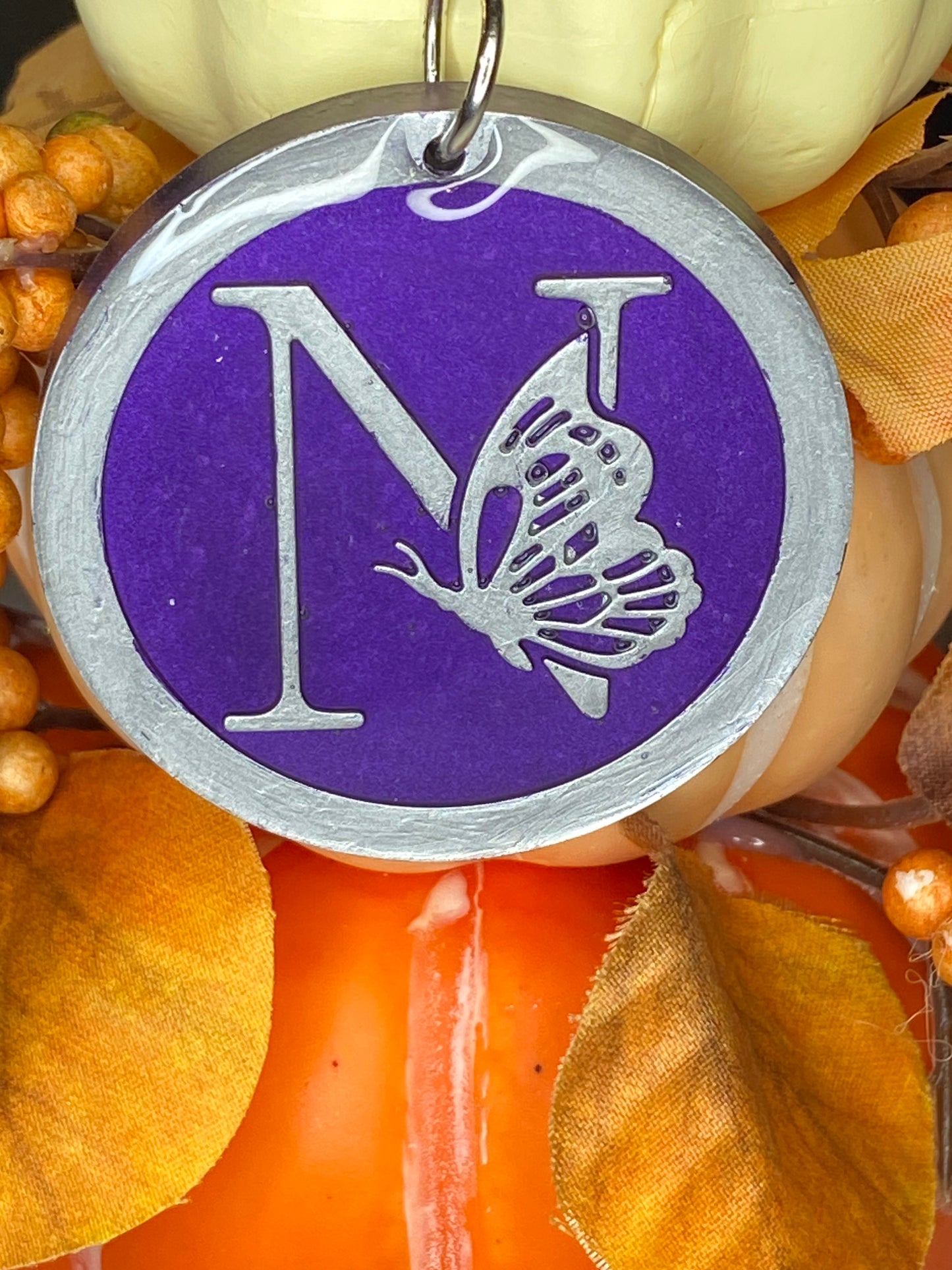 Round Purple with Silver Letters & Symbols Keychains