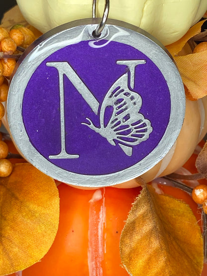 Round Purple with Silver Letters & Symbols Keychains