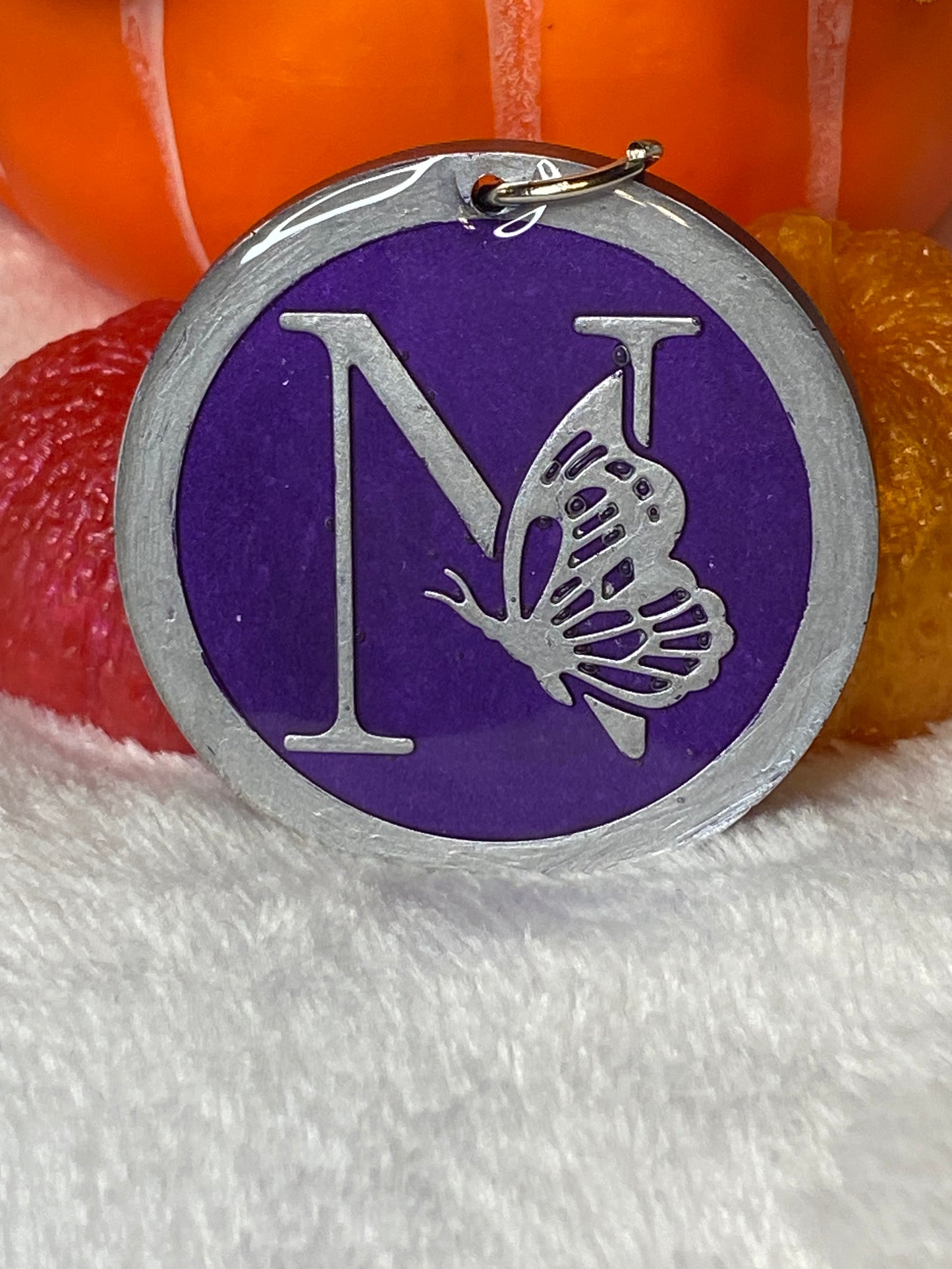 Round Purple with Silver Letters & Symbols Keychains