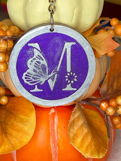Round Purple with Silver Letters & Symbols Keychains