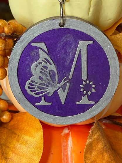 Round Purple with Silver Letters & Symbols Keychains