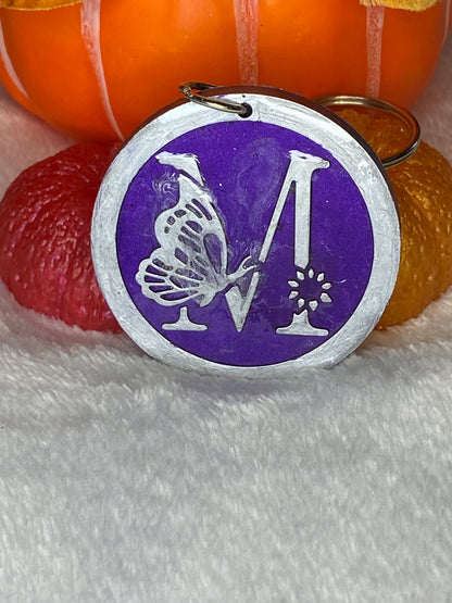Round Purple with Silver Letters & Symbols Keychains