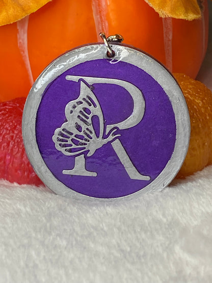 Round Purple with Silver Letters & Symbols Keychains