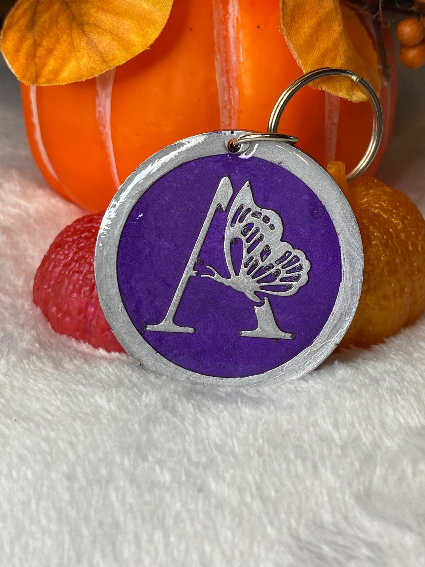 Round Purple with Silver Letters & Symbols Keychains