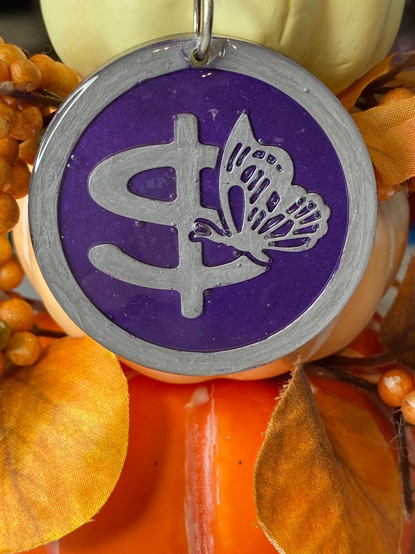 Round Purple with Silver Letters & Symbols Keychains
