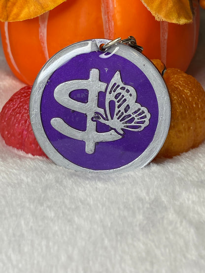 Round Purple with Silver Letters & Symbols Keychains