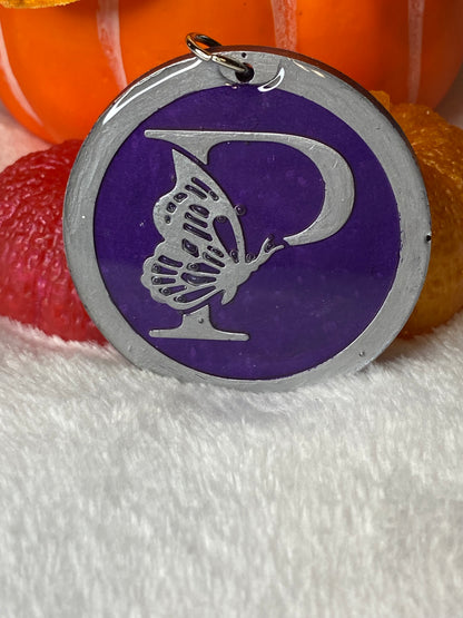 Round Purple with Silver Letters & Symbols Keychains