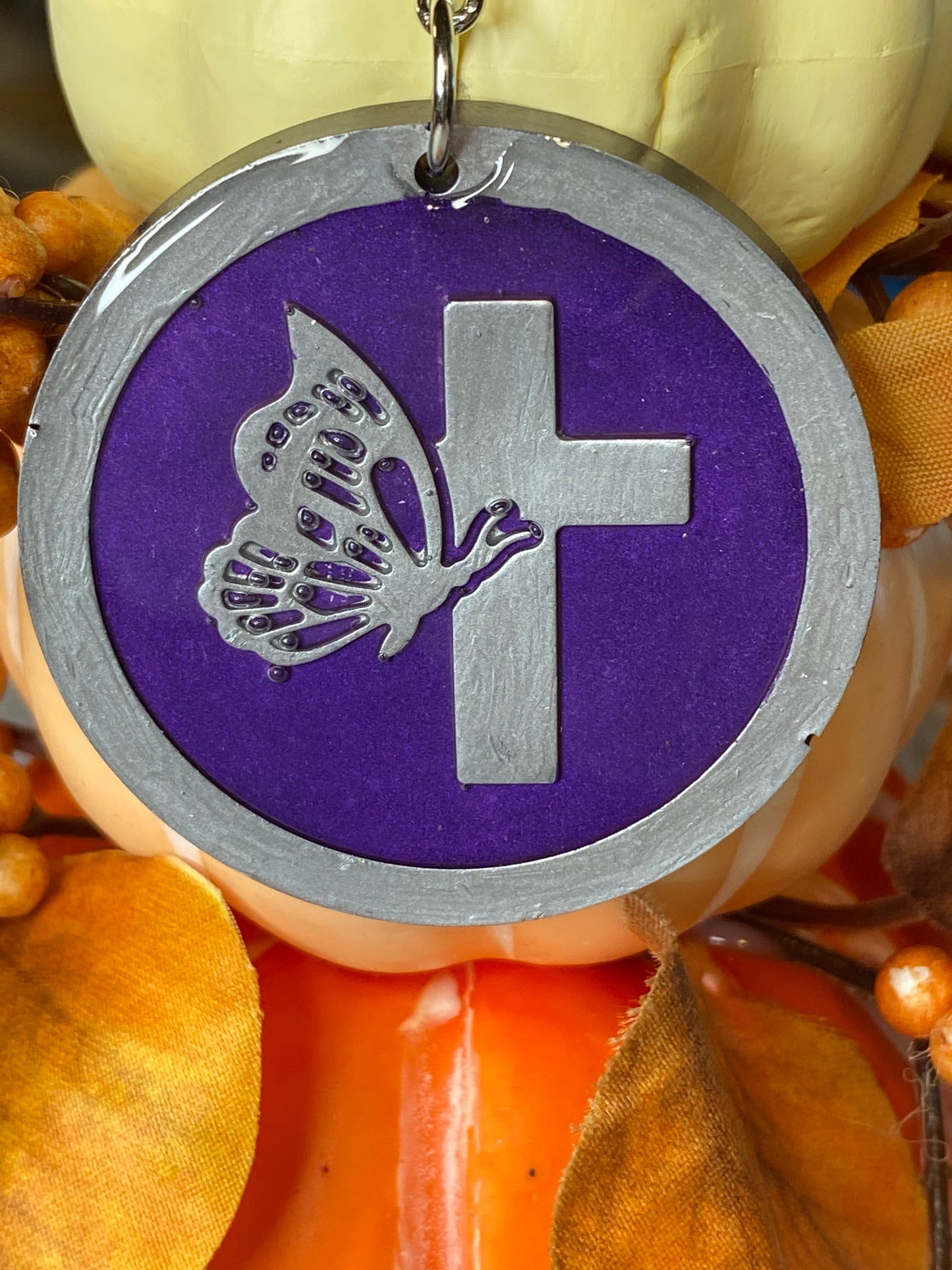 Round Purple with Silver Letters & Symbols Keychains