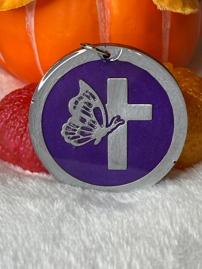 Round Purple with Silver Letters & Symbols Keychains