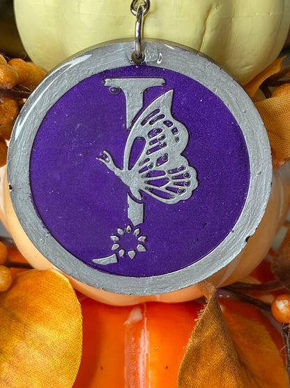 Round Purple with Silver Letters & Symbols Keychains