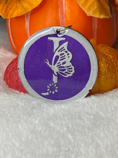 Round Purple with Silver Letters & Symbols Keychains