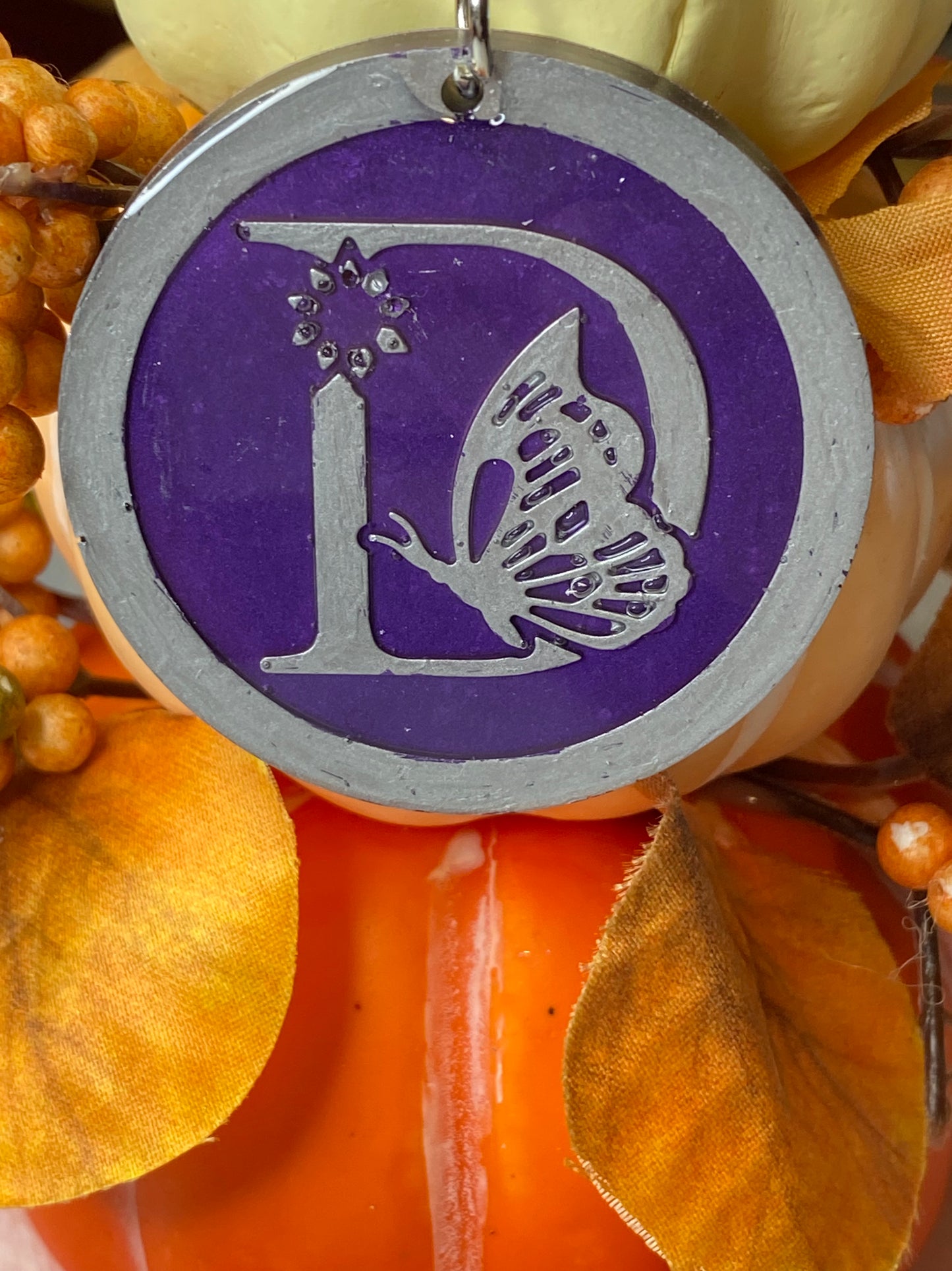 Round Purple with Silver Letters & Symbols Keychains
