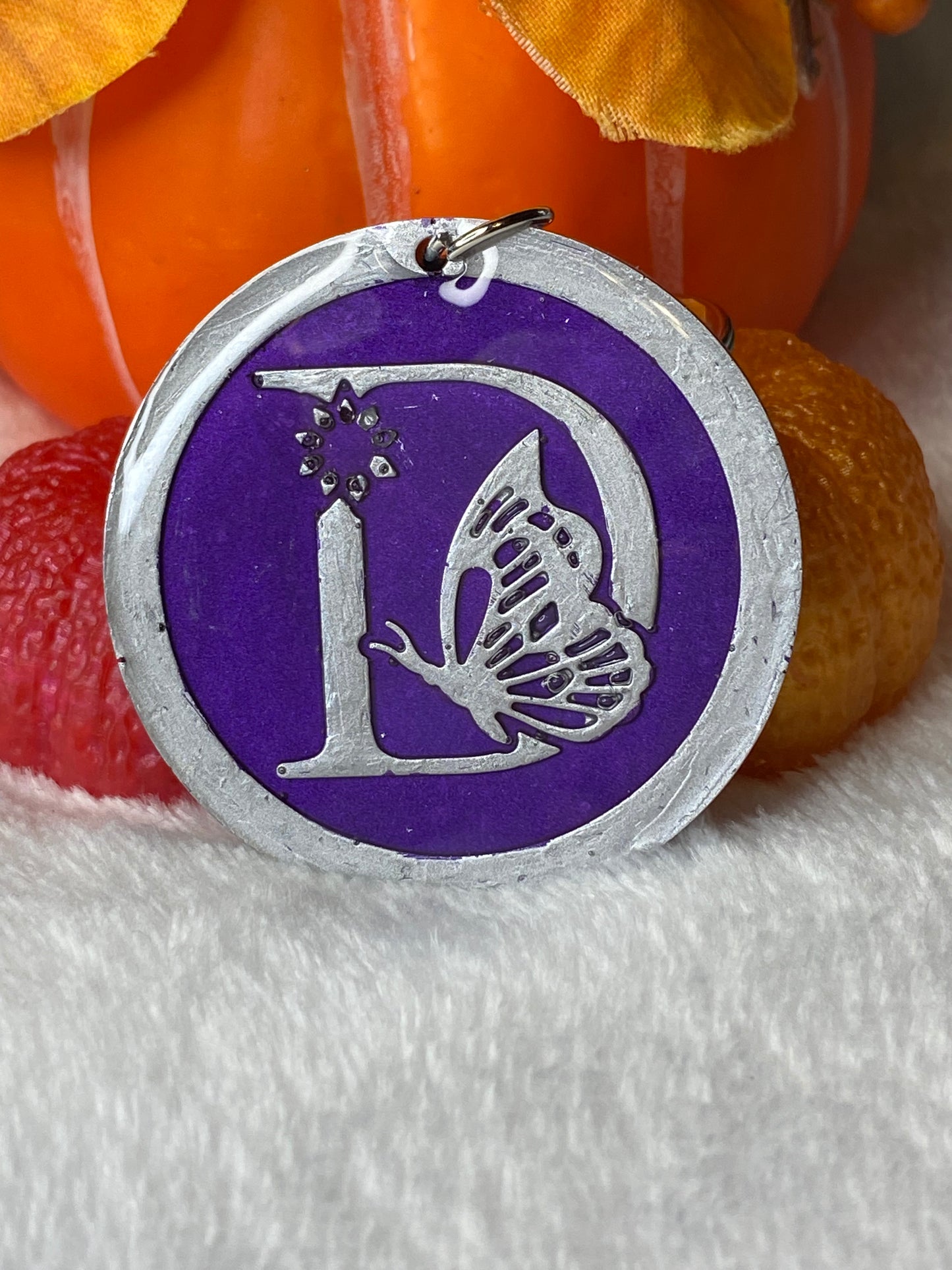 Round Purple with Silver Letters & Symbols Keychains