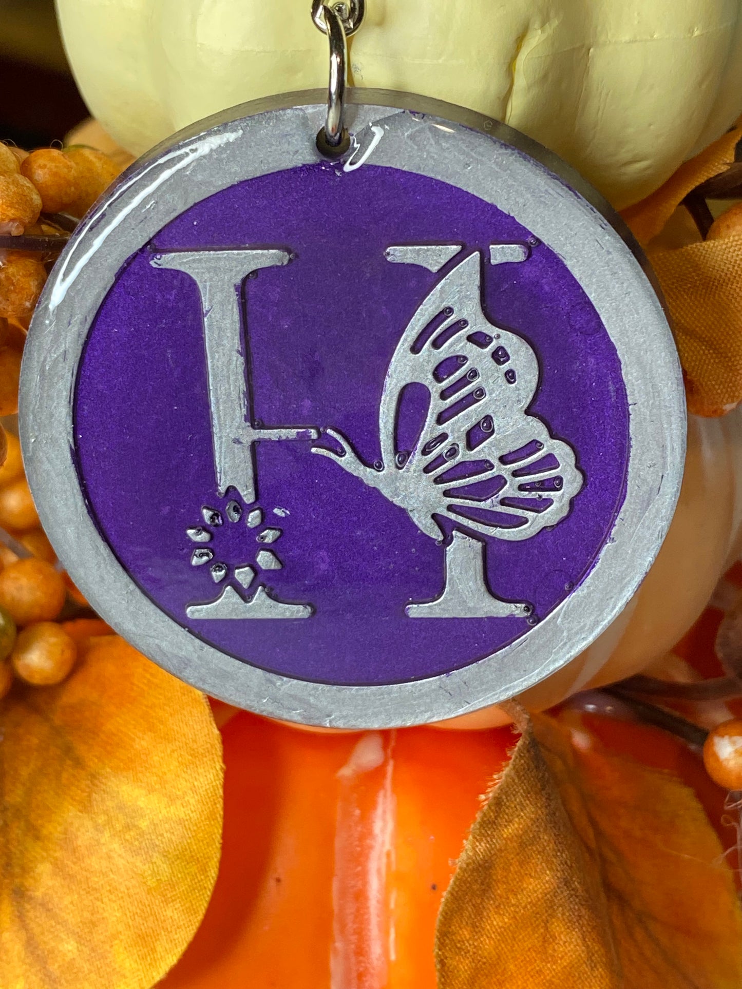 Round Purple with Silver Letters & Symbols Keychains