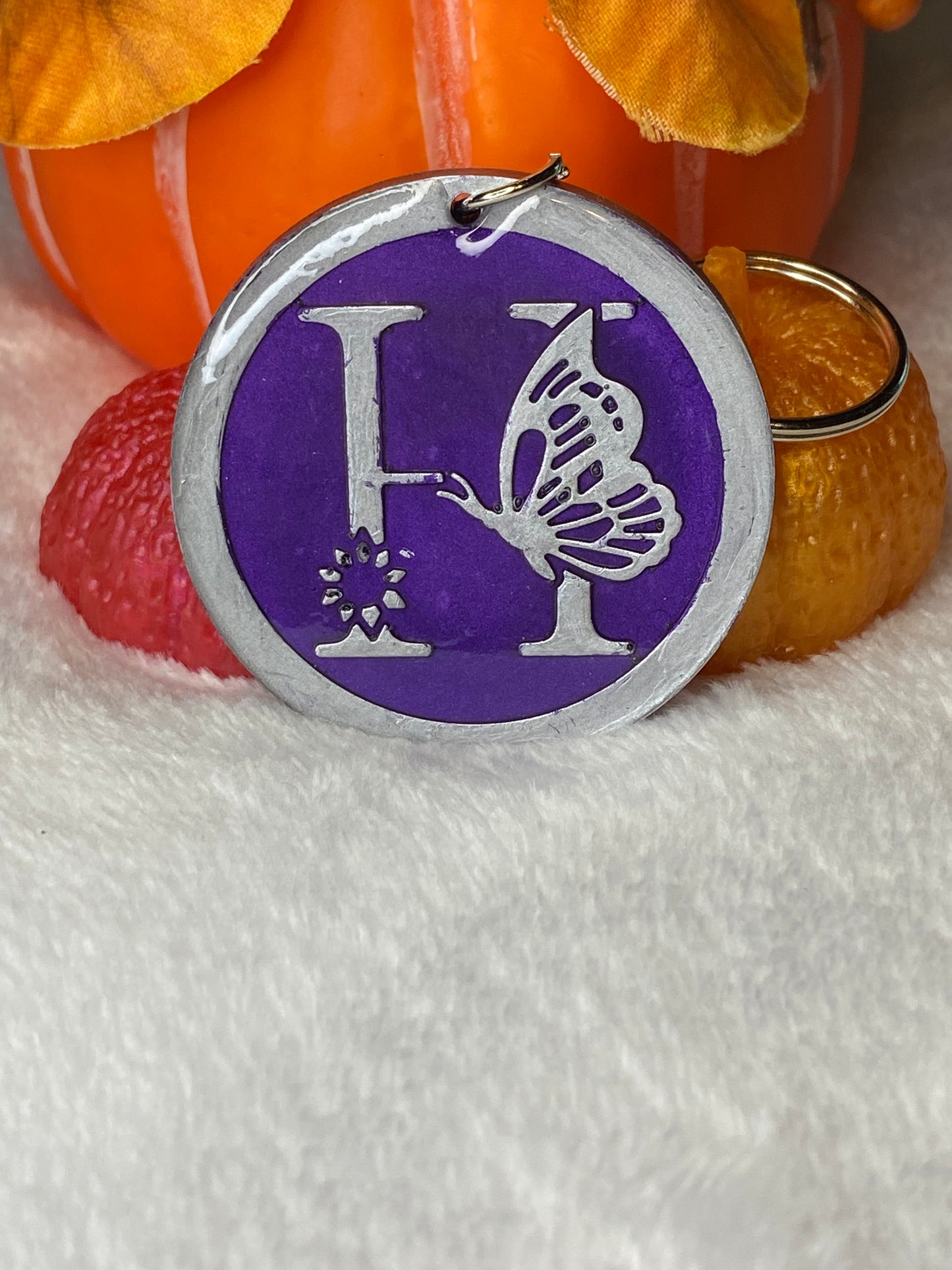 Round Purple with Silver Letters & Symbols Keychains