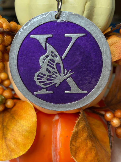 Round Purple with Silver Letters & Symbols Keychains