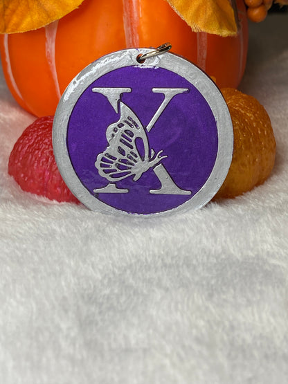 Round Purple with Silver Letters & Symbols Keychains
