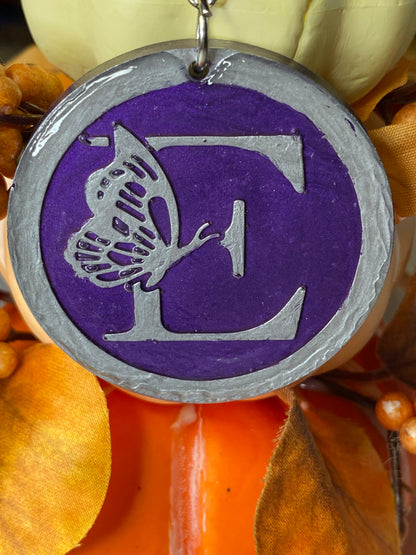 Round Purple with Silver Letters & Symbols Keychains