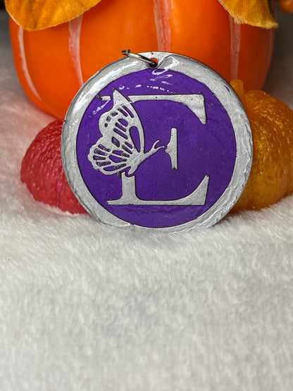 Round Purple with Silver Letters & Symbols Keychains