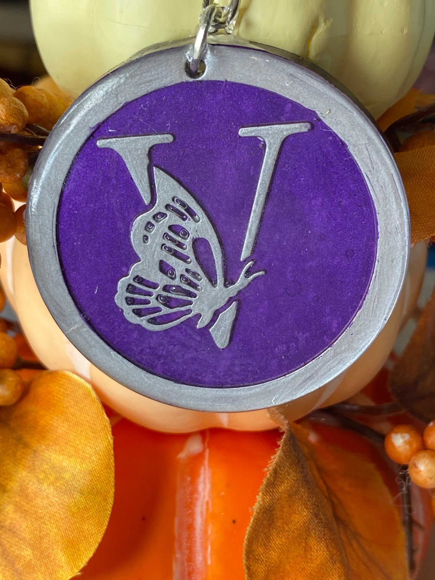 Round Purple with Silver Letters & Symbols Keychains