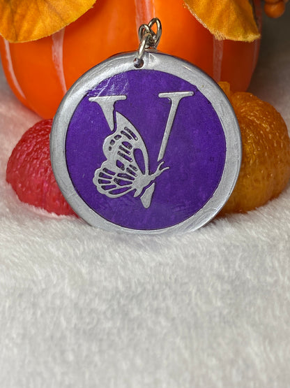 Round Purple with Silver Letters & Symbols Keychains