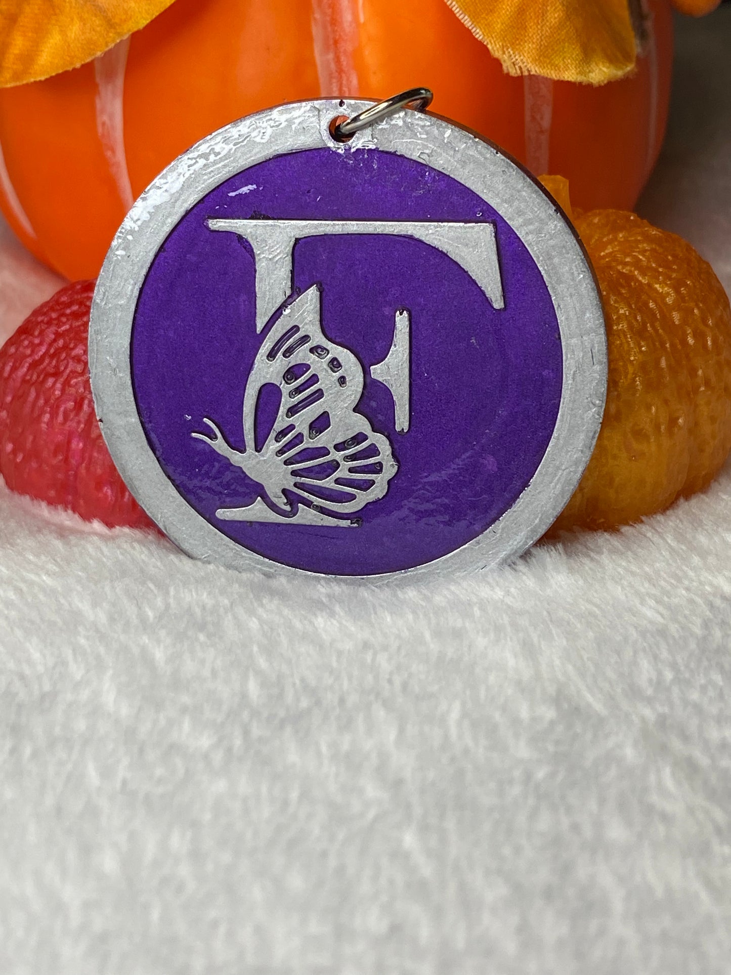 Round Purple with Silver Letters & Symbols Keychains
