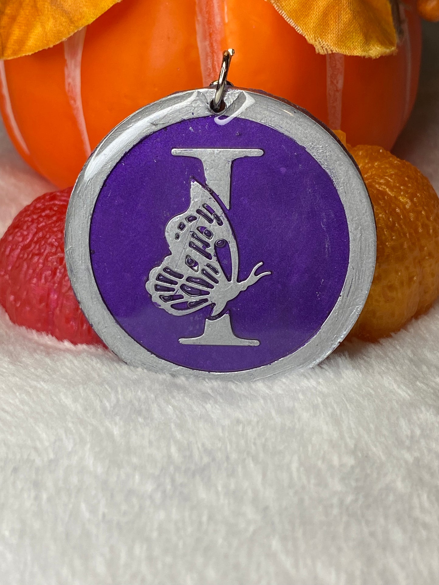 Round Purple with Silver Letters & Symbols Keychains