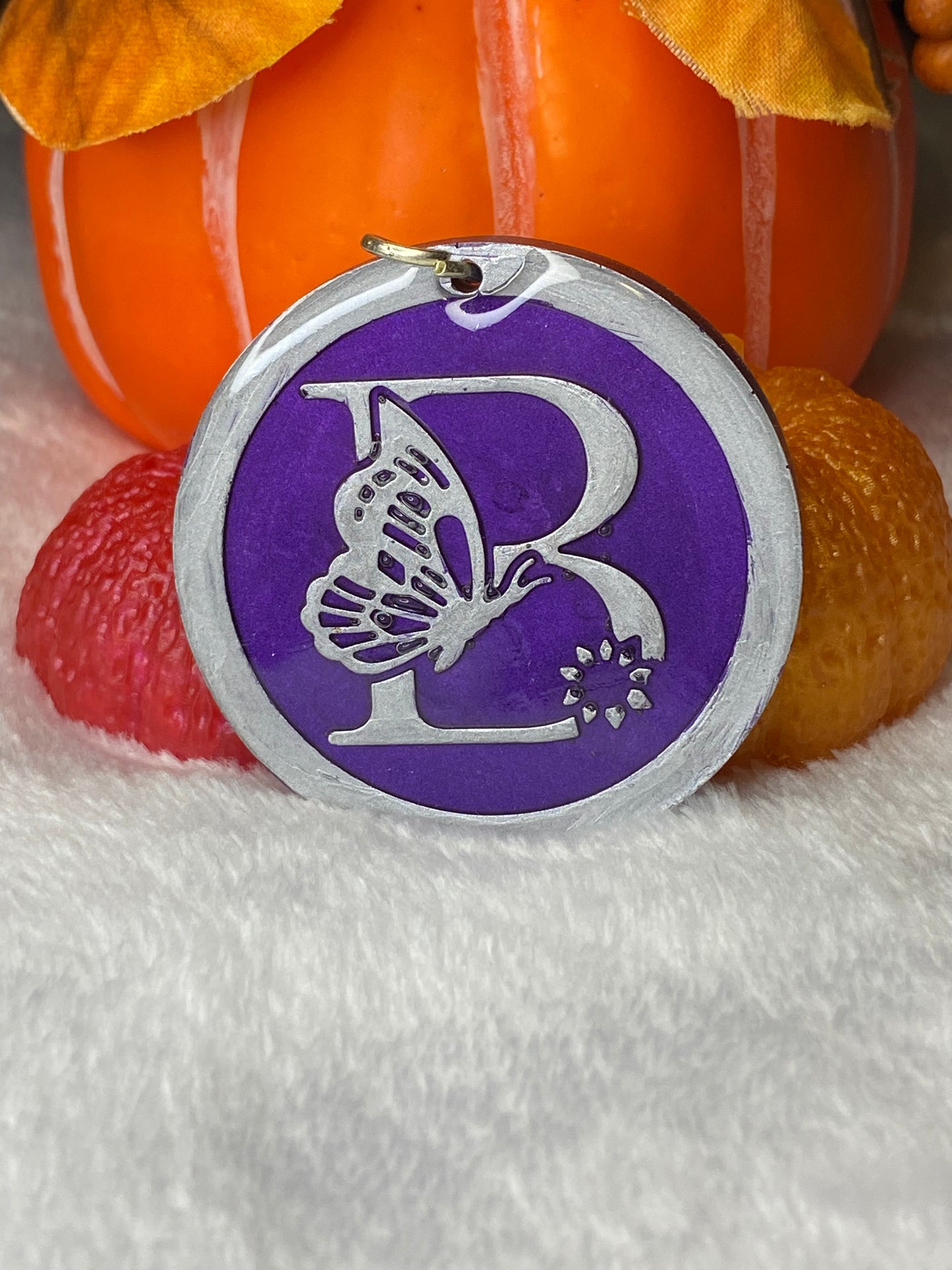 Round Purple with Silver Letters & Symbols Keychains